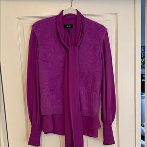 ME + EM Magenta Tie-Neck Blouse with Fuzzy Vest